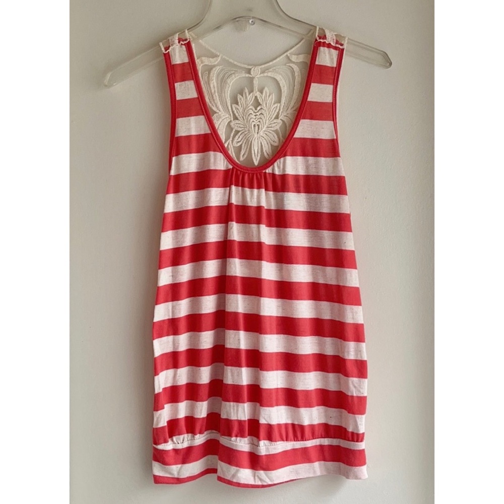 Salmon Orange Striped Lace Back Tank Top, Size S